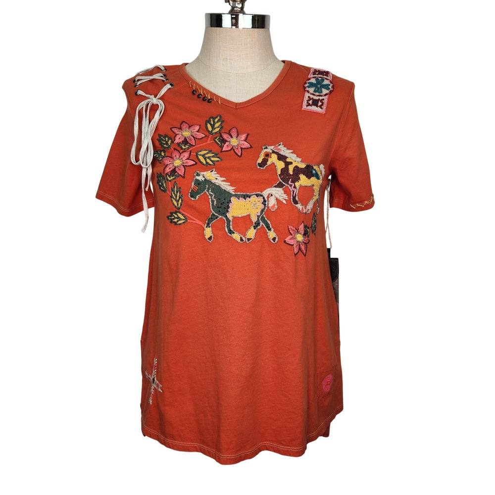 Double D Ranch NWT Size S Rust Orange Horse Embroidered Beaded Tunic Top Western